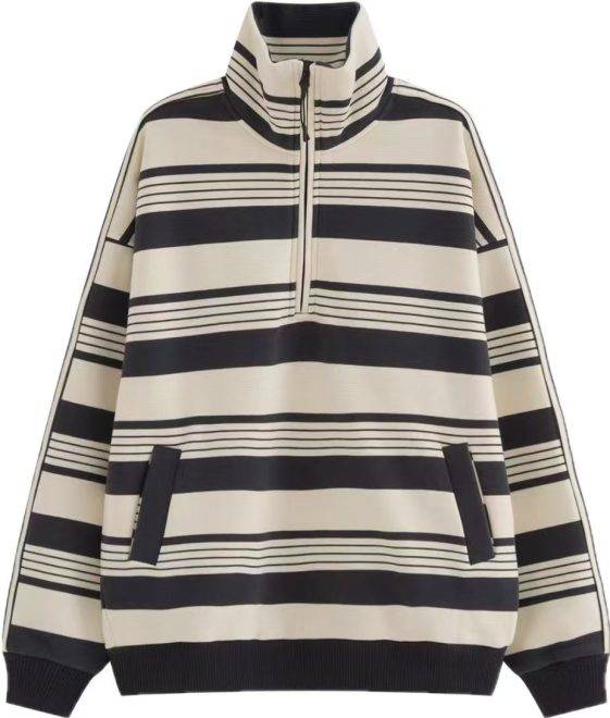 Grey and white striped zipper pullover