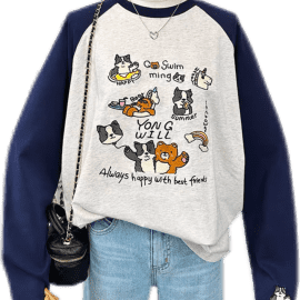 Navy Blue Animal Print Raglan Long-Sleeve Top