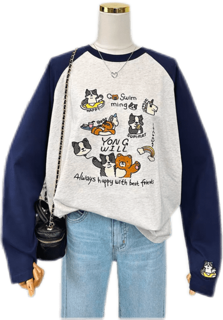 Navy Blue Animal Print Raglan Long-Sleeve Top